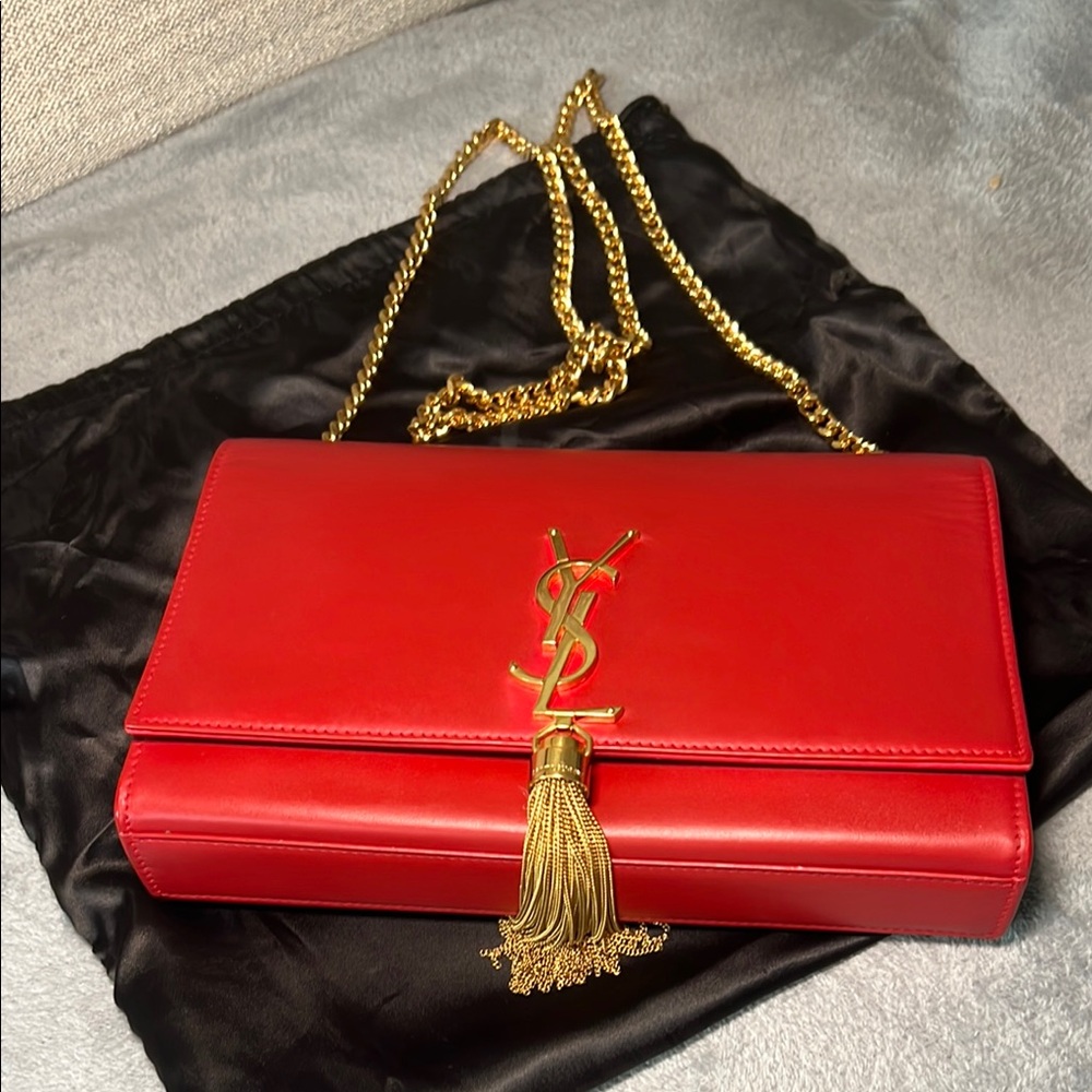 Yves Saint Laurent Red Gold Clutch with Tassel Shoulder / Crossbody Bag
